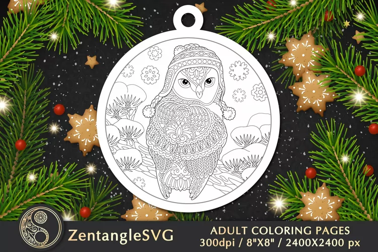 Winter Owl Coloring Page, Christmas Colouring Ornament