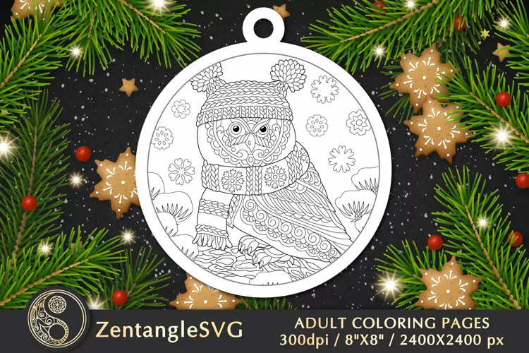 Winter Owl Coloring Page, Christmas Colouring Ornament