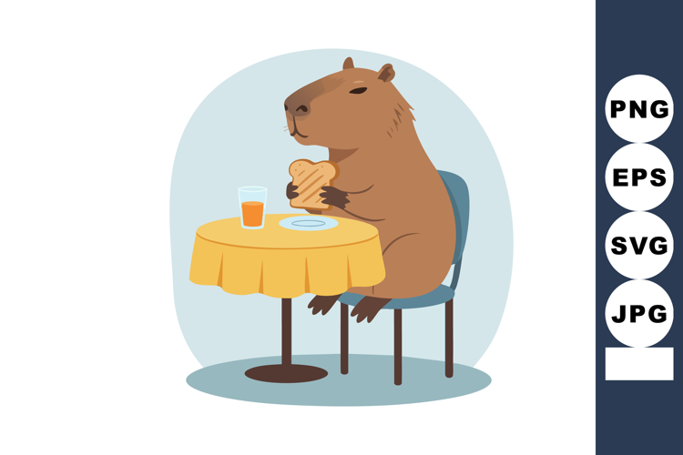 Capybara sitting on chair eating toast and drinking juice at