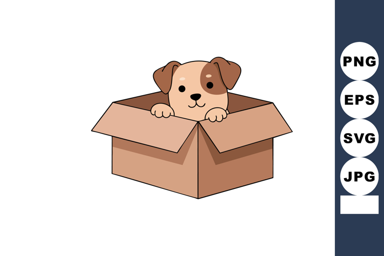 Puppy sitting inside open cardboard box with cute expression