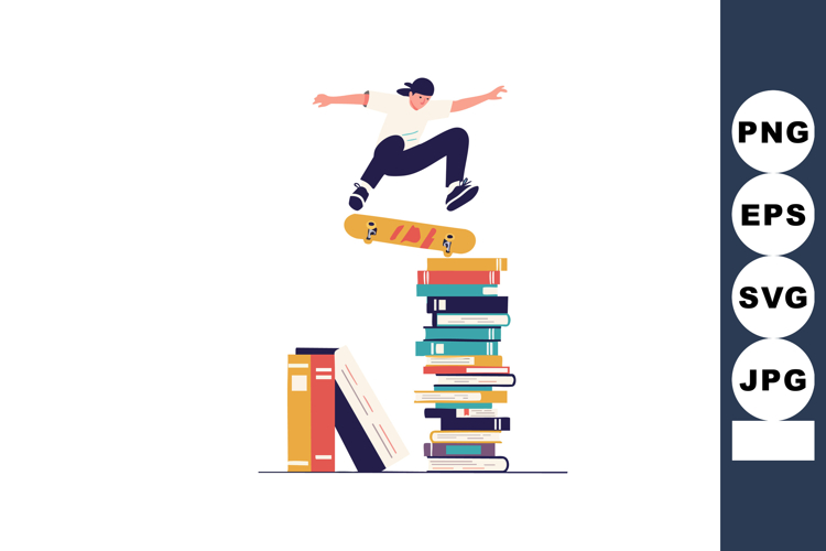 Skateboarder jumping over stack of colorful books with dynam