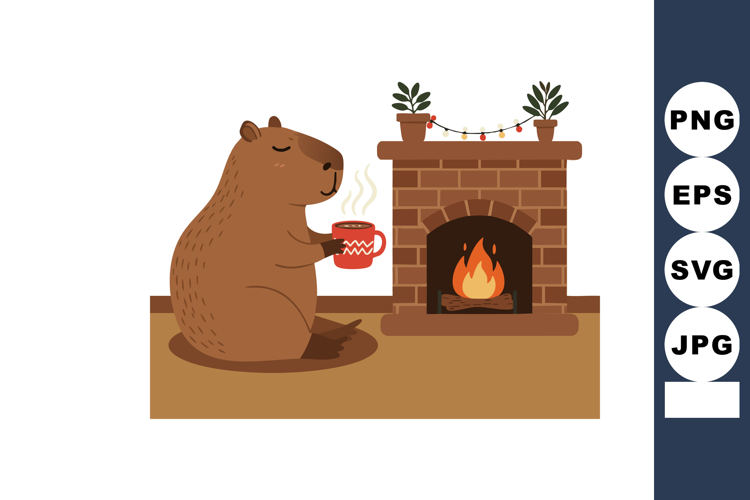Capybara relaxing with hot drink near cozy fireplace with pl