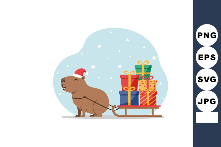 Capybara wearing Santa hat pulling sled full of colorful Chr