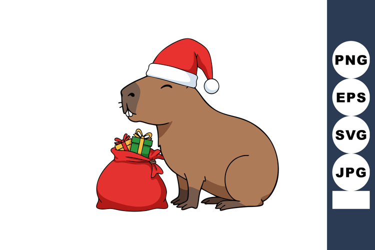 Capybara wearing red Santa hat sitting next to red sack with