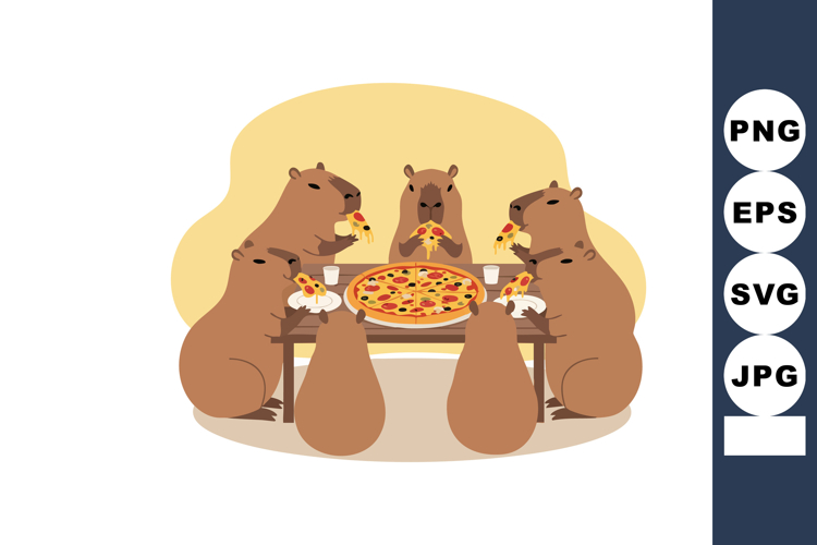 Capybara family eating pizza together around table vector il