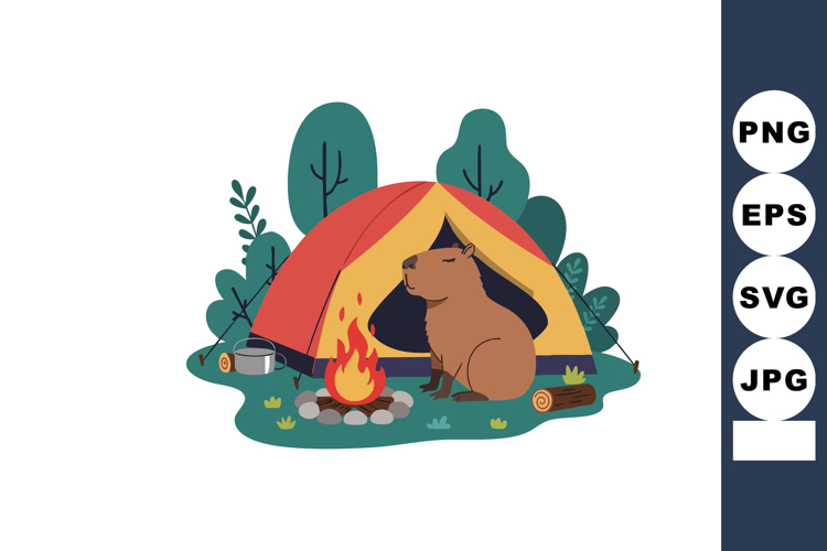 Capybara sitting next to campfire by colorful tent in forest example image 1