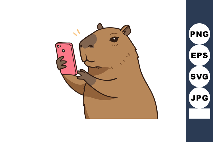 Capybara holding smartphone taking selfie digital vector ill