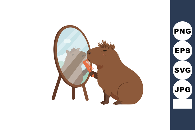 Capybara grooming itself with comb in front of standing mirr