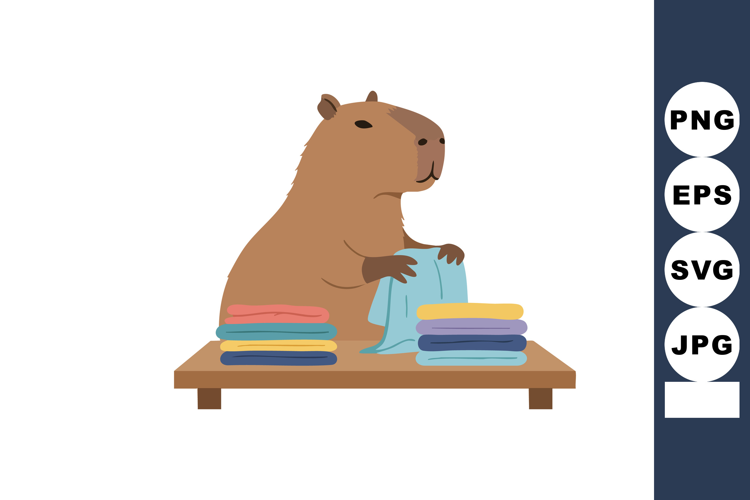 Capybara folding colorful towels on wooden table simple anim