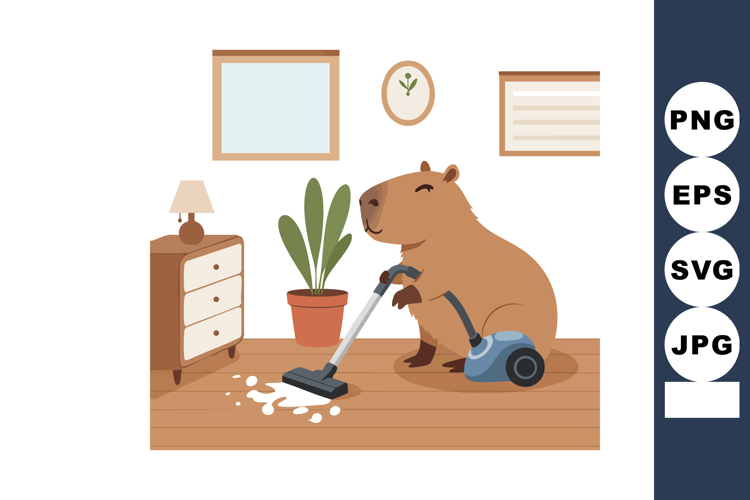 Capybara vacuum cleaning wooden floor in cozy room with plan