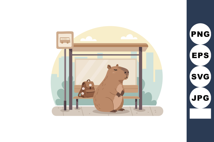 Capybara Sitting at Bus Stop Waiting Calmly with Backpack in