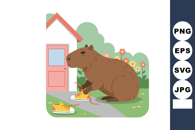 Capybara sitting outside house with sneakers on garden path
