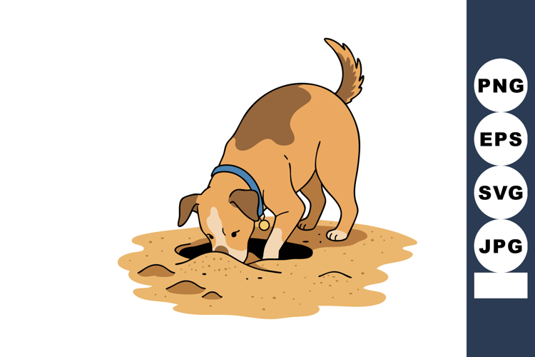 Dog digging hole in sand with blue collar playful puppy cart
