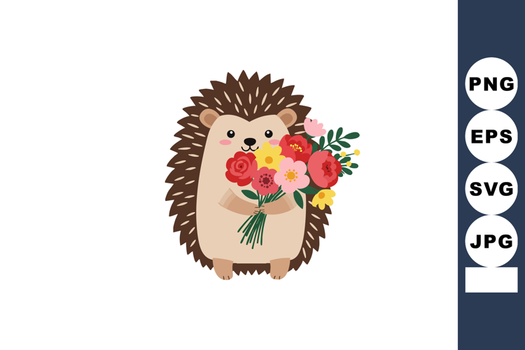 Hedgehog holding colorful bouquet of flowers with green leav