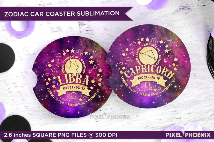 Zodiac Car Coaster Sublimation designs in purple and gold hues