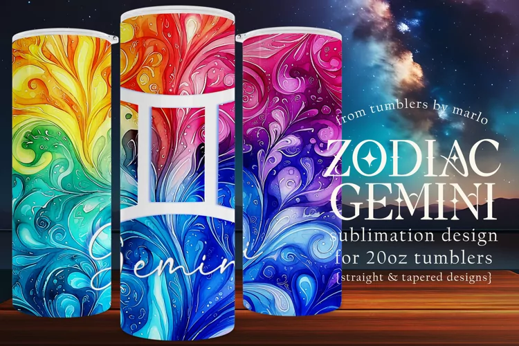 Gemini Tumbler Wrap | Zodiac 20 oz PNG Design | Space d3