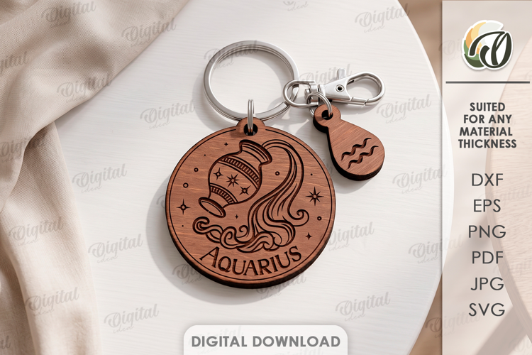 Zodiac Keychain Laser Cut. Astrology Key Ring. Aquarius SVG