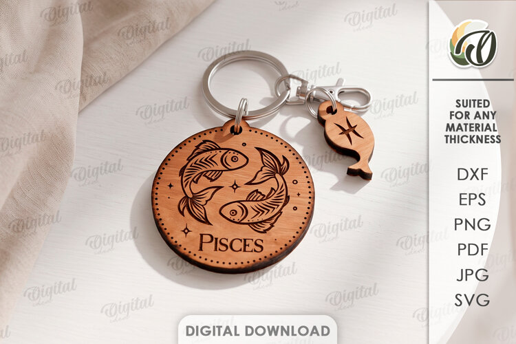 Zodiac Keychain Laser Cut. Astrology Key Ring. Pisces SVG example image 1