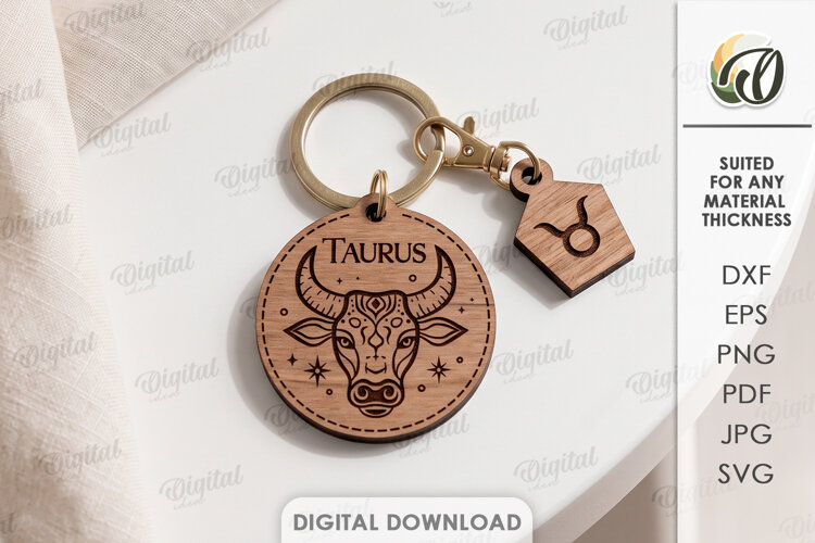 Zodiac Keychain Laser Cut. Astrology Key Ring. Taurus SVG example image 1