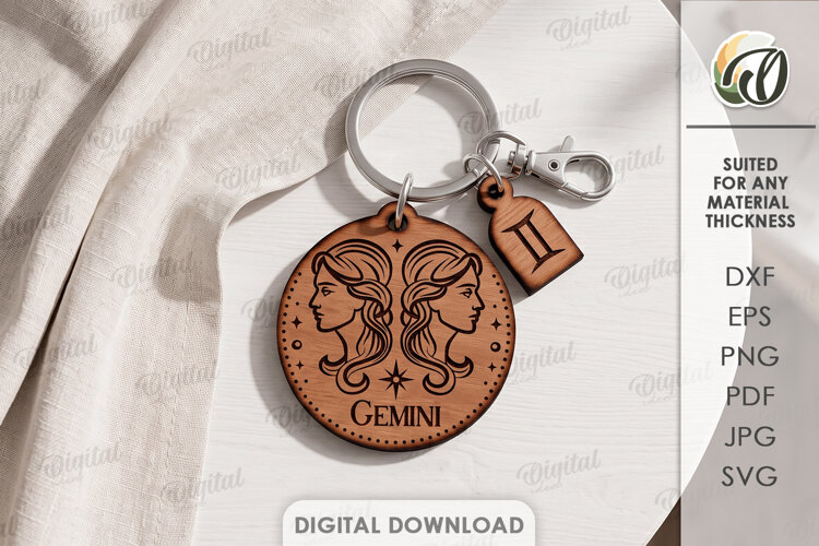 Zodiac Keychain Laser Cut. Astrology Key Ring. Gemini SVG example image 1