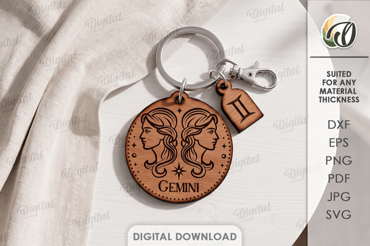 Zodiac Keychain Laser Cut. Astrology Key Ring. Gemini SVG