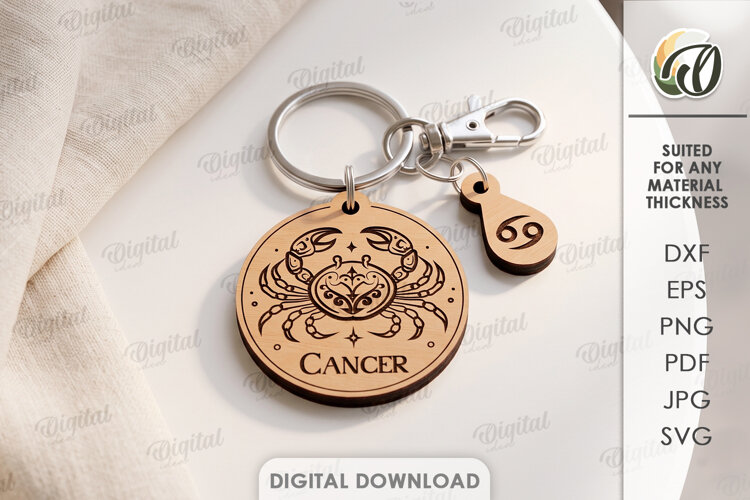 Zodiac Keychain Laser Cut. Astrology Key Ring. Cancer SVG example image 1