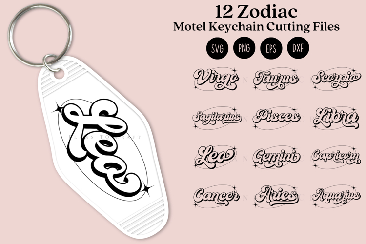 Zodiac motel keychain SVG featuring celestial and astrology-inspired artwork in a retro motel key tag style, suitable for Cricut and Silhouette projects with ready-to-use SVG, PNG, EPS, and DXF files.