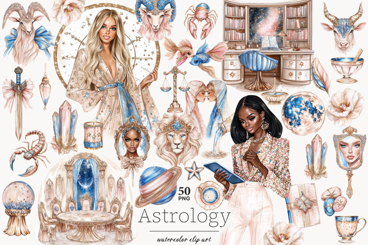 Zodiac Sign Clipart Set | Celestial PNG with Mystical Zodiac
