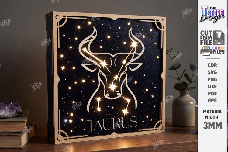 Zodiac Sign Night Light Laser Cut | Taurus Light Box Laser example image 1