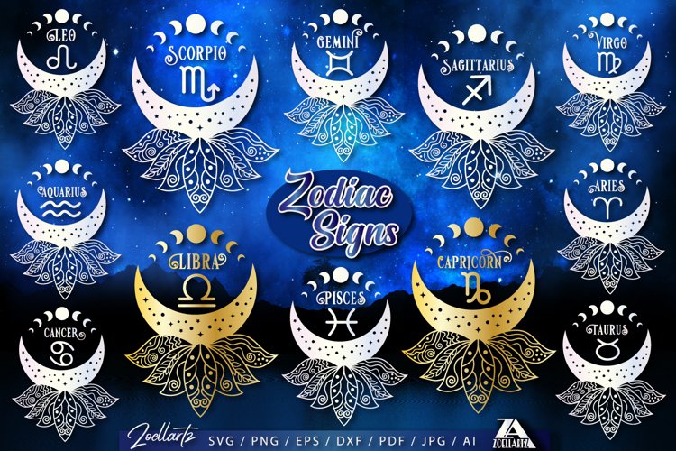 Zodiac Signs SVG Bundle | Celestial Moon and Lotus Flower