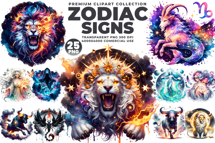 Zodiac Signs Watercolor Clipart PNG Sublimation Bundle