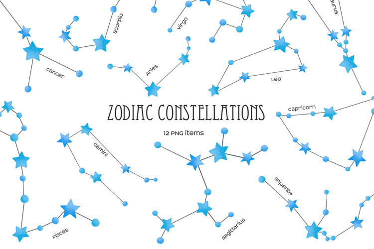 Watercolor 12 blue star Zodiac constellations
