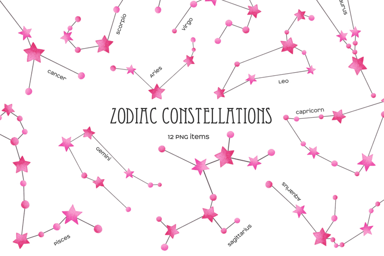 Watercolor 12 pink star Zodiac constellations