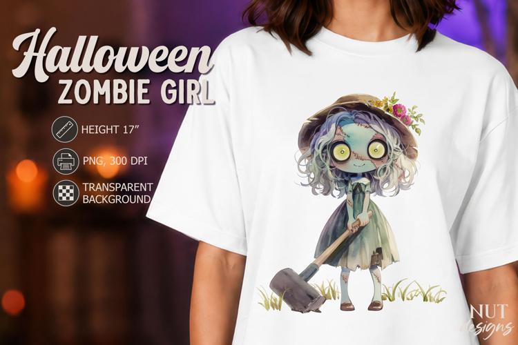 Retro Zombie Girl with Shovel Kawaii Halloween clipart