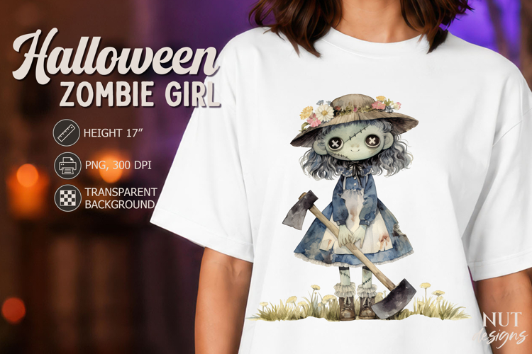 kawaii zombie Girl with button eyes Halloween clipart
