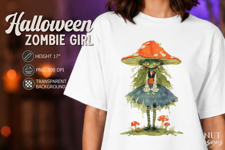 Cute Zombie Girl with Mushroom Hat Halloween clipart