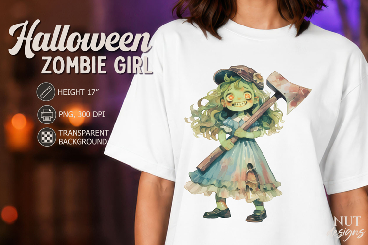 Smiling zombie Girl with Axe Watercolor Halloween clipart