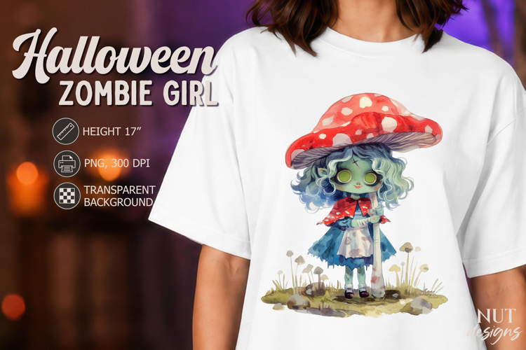 Zombie Girl with Mushroom Hat Watercolor Forest Halloween