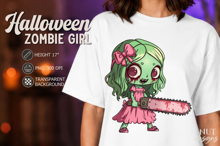 Cute Zombie Girl with Chainsaw Kawaii Halloween clipart