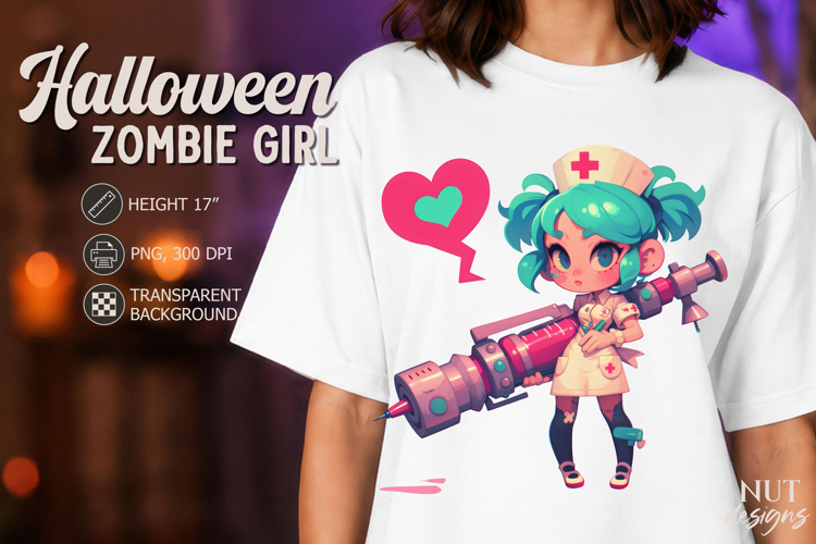 Kawaii Zombie Nurse with Syringe Medical Halloween clipart