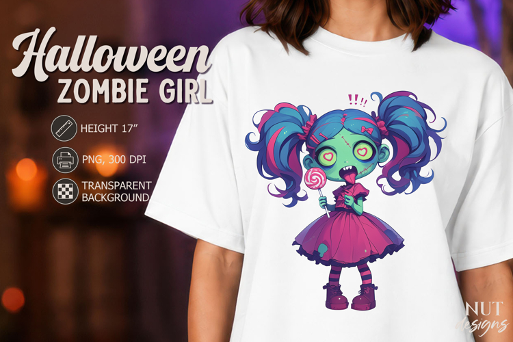 Cute Zombie Girl with Lollipop Kawaii Halloween clipart