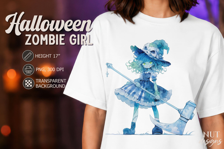 Cute Zombie Witch Girl with Scythe Anime Halloween clipart