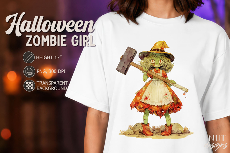 Retro Zombie Girl with hammer Watercolor Halloween clipart