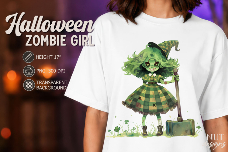 Zombie Witch Girl with mallet Watercolor Halloween clipart