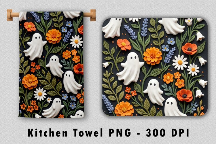 Clay Floral Ghost Kitchen Towel Sublimation PNG example image 1