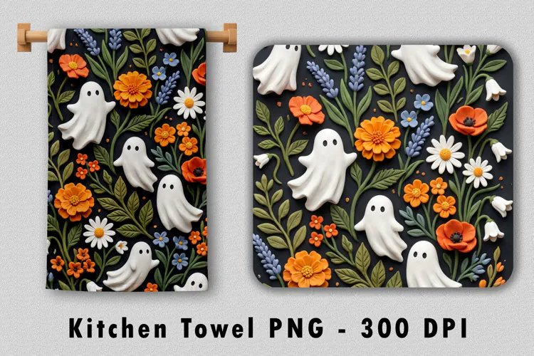 Clay Floral Ghost Kitchen Towel Sublimation PNG