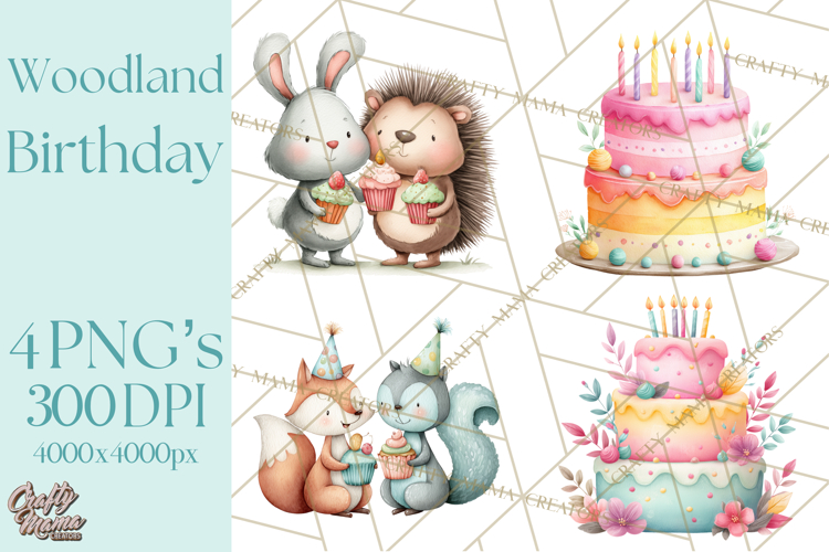 Woodland Birthday Clipart PNG, Watercolor Woodland Animals