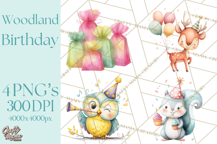 Woodland Birthday Clipart PNG, Watercolor Woodland Animals