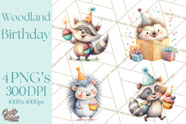 Woodland Birthday Clipart PNG, Watercolor Woodland Animals